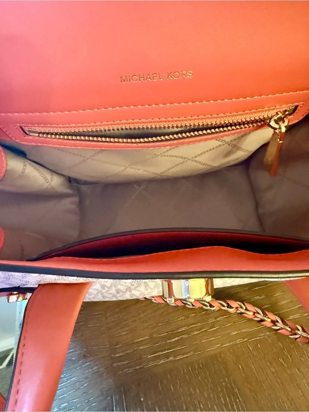 Michael Kors Coral & Beige Signature Satchel with Chain-Trim Strap + Crossbody